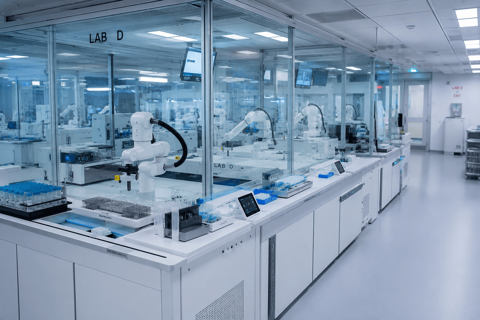 Tesera Labs' in-house automated wet lab — robotic synthesis and assay stations behind glass partitions